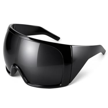 Imagem de Awdchny Óculos de sol grandes para mulheres e homens, óculos de sol curvados futuristas rave, óculos de sol modernos, Preto, Standard