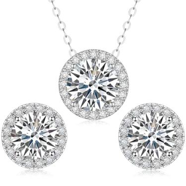 Imagem de Conjunto de colar e brinco Moissanite 0,5-2ct 5-8 mm para mulheres 18K branco/amarelo banhado a ouro 925 prata esterlina criado em laboratório Halo Diamond Pendant Eearrings Stud Jewelry Set Presente