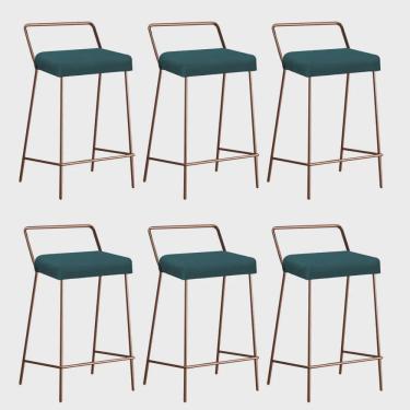 Imagem de Kit 06 Banqueta Alta Com Encosto Donna Industrial Cozinha Bistrô Ferro Bronze Suede Azul Turquesa - Ahz Móveis