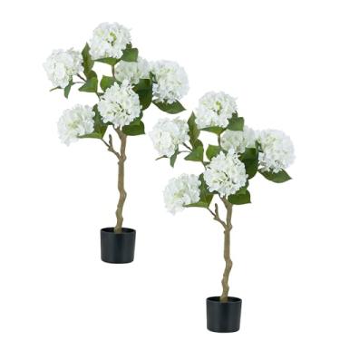 Imagem de BLOSMON Árvore falsa de hortênsia branca: 2 peças de plantas de seda artificial de 99 cm para decoração de sala de estar em casa - Hortênsias artificiais com vaso para decoração de entrada de varanda
