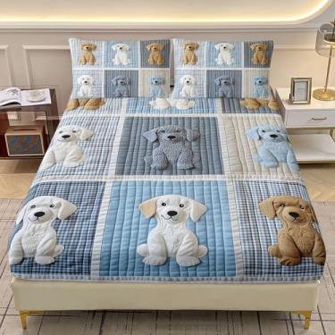 Imagem de AILONEN Jogo de cama infantil com estampa de cachorro kawaii, tamanho solteiro, azul e branco, lençol com elástico com 2 fronhas
