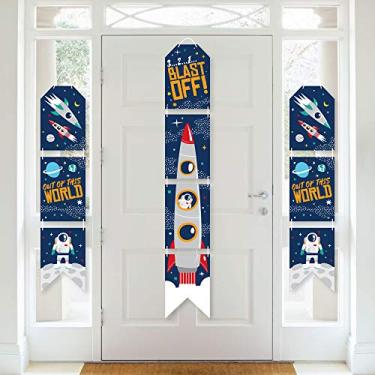 Imagem de Big Dot of Happiness Blast Off to Outer Space - Banners verticais de porta de papel pendurados - Kit de decoração de parede para chá de bebê ou festa de aniversário com foguete - Decoração de porta