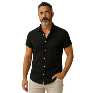 Imagem de Camisa Social Botão Manga Curta Masculina Gola Padre - Volgue, Preto, 
