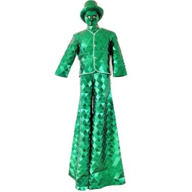 Imagem de Earthradius Mirrorman Helmet Halloween Cosplay Robot Costume Outfit for Disco Party DJ Adult Stage Street Performance (Green, XXL, LED Stilt Walker With Hat Mask)