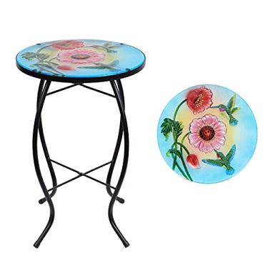 Imagem de Mesa lateral ao ar livre - Mesa de canto para pátio - Mesa com detalhes em mosaico, flores e beija-flores de vidro pequena mesa lateral redonda para suporte interno de plantas de jardim