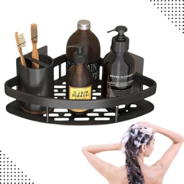 Imagem de Prateleira de Canto Multiuso Adesiva Porta Shampoo em Chapa Reforçada Organizador de Parede com Capacidade de Até 10Kg (Preto)