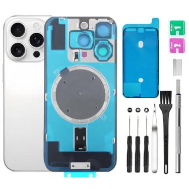 Imagem de Substituição de vidro traseiro para iPhone 16 Pro vidro traseiro + lente da câmera + ímã + suporte de peça de ferro com kit de ferramentas de reparo (branco)