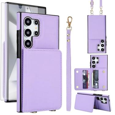 Imagem de Asuwish Capa de celular para Samsung Galaxy S24 Ultra 5G carteira celular com protetor de tela de vidro temperado alça transversal de pulso com bloqueio de RFID suporte de cartão de crédito S24Ultra