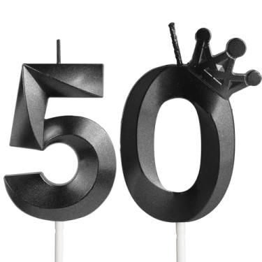 Imagem de Velas de aniversário de 50 anos para bolo, número 50 velas pretas com coroa, design 3D, enfeite de bolo de aniversário para mulheres, homens, festas de aniversário, casamento, celebração, suprimentos