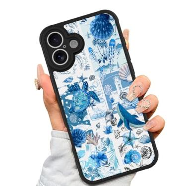 Imagem de AIGOMARA Capa para iPhone 16 Plus [compatível com MagSafe] design de padrão de colagem de concha de tartaruga azul para mulheres meninas homens TPU macio hack PC traseira protetora à prova de choque