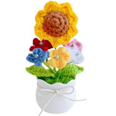 Imagem de Flores de crochê, girassóis artificiais tricotados eternos em vasos, flores de crochê feitas à mão para painel de carro decoração de escritório em casa, presentes engraçados para presentes