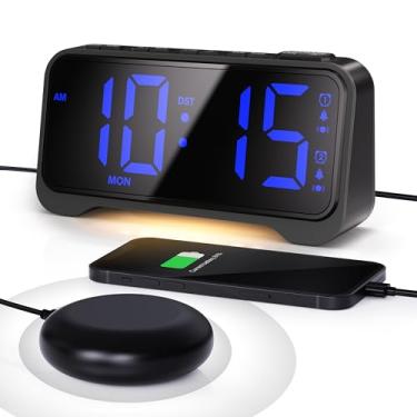 Imagem de Despertador com agitador de cama para pessoas com sono pesado, modos de vibração e som, alarmes duplos, carregamento USB, soneca, bateria reserva, ideal para adolescentes, idosos, dormitórios