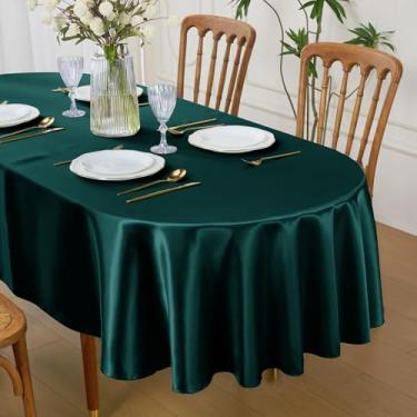 Imagem de Cobedzy Toalha de mesa oval de cetim verde escuro 152 x 250 cm lavável para uso interno/externo, capa de mesa de tecido resistente a manchas para fazenda, jantar, cozinha, casamento, banquete, festa