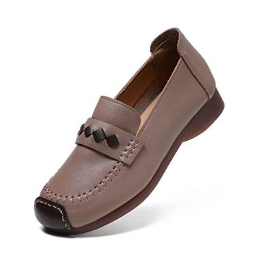 Imagem de Mocassins femininos de couro Penny Mocassins femininos sem cadarço com sola de borracha macia combinando cores, Bege, 38
