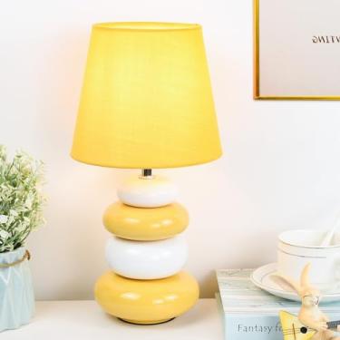Imagem de Lampwell Ange Candeeiro de mesa amarelo pequeno para sala de estar como luminária de mesa de cabeceira para quarto, luminária de mesa noturna infantil de cerâmica moderna, Φ16,5 × A 30,5 cm, lâmpada