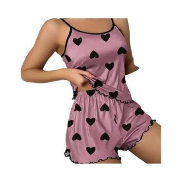 Imagem de Conjunto de Pijama Feminino Rosa com Estampa de Coração - Seda Gelada 