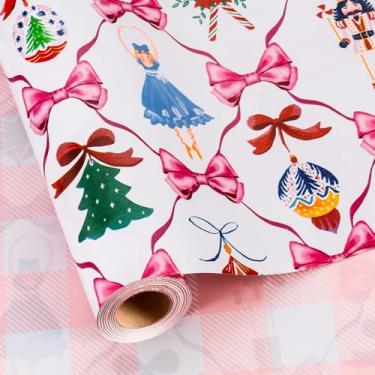 Imagem de MAYPLUSS Rolo de papel de embrulho de Natal - 43 cm x 85 m - Papel de embrulho branco quebra-nozes com arco de sino de árvore de Natal xadrez reversível para meninas, férias, ano novo