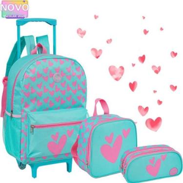 Imagem de Kit Mochila Rodinha Escolar Corações Nylon Com Lancheira e Estojo - Ye