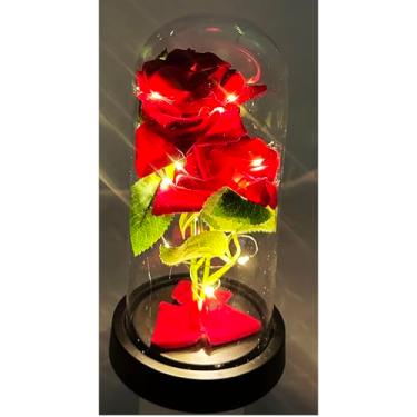 Imagem de VZNBJUAN Rosa encantada em cúpula de vidro com luzes, flor de seda vermelha, Natal, aniversário, dia das mães (base preta)
