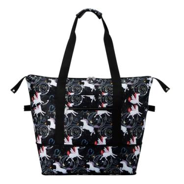 Imagem de HAWEE Bolsa esportiva expansível para mulheres com manga de trole/bolso molhado bolsa de viagem grande bagagem de mão para pernoite, Unicórnio preto, One Size, Bolsa esportiva expansível