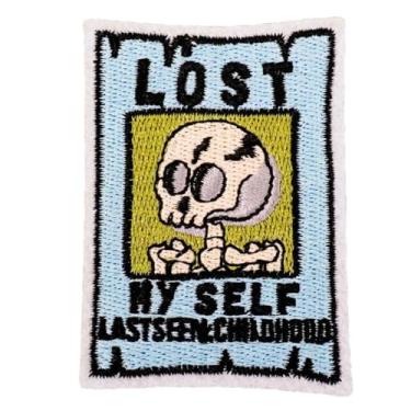 Imagem de AAVEDGE Adesivos engraçados de passar a ferro, aplique de tecido bordado de caveira engraçada, Lost Myself faça você mesmo, adesivos duráveis para roupas, roupas, jeans, mochilas, jaquetas, jeans
