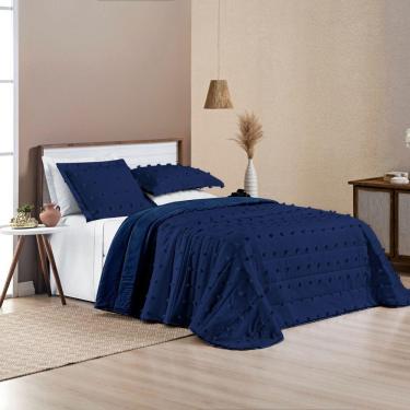 Imagem de Kit Cobre Leito Colcha Alexa Pompom Casal Padrão Dupla Face Micropercal 3 Peças - Azul Marinho