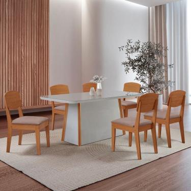 Imagem de Mesa Diane 180cm Tampo Mdf Vidro Canto Copo Com 6 Cadeiras Linho Capuccino Off White Naturale Serigueira