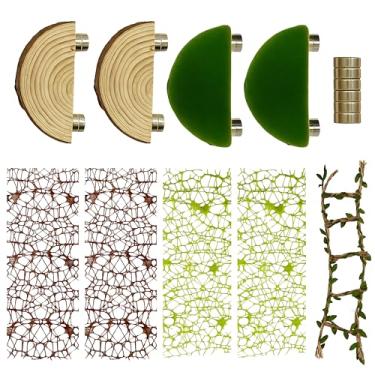 Imagem de Kit multifuncional de decoração de habitat de aranha saltadora, 4 peças de borda de madeira, 4 peças de teia de trepadeira de aranha e 1 ponte de corda de cânhamo, acessórios divertidos para escalada