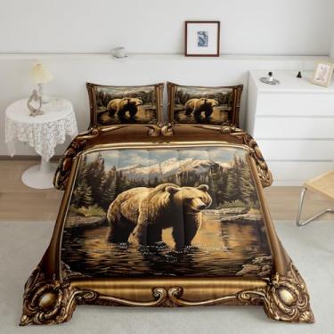 Imagem de Conjunto de edredom vintage casal, para crianças, adultos, urso, safári, animais, jovens, adolescentes, decoração de quarto de criança, caça na selva rústica, 3 peças, enchimento de edredom de cabana