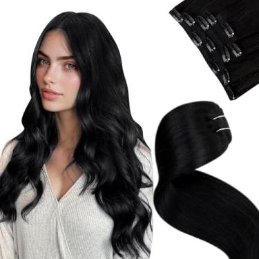 Imagem de LaaVoo Extensões de cabelo humano com clipe preto azeite em extensões de cabelo humano real 45,7 cm extensões de cabelo humano preto natural feminino clipes de cabelo humano sedoso liso 5 peças 80 g