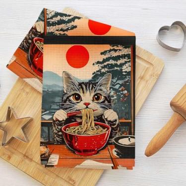 Imagem de Toalhas de cozinha de gato estilo japonês retrô, toalhas de mão de banheiro de microfibra macia absorvente, toalhas de prato Ramen toalha de mão para cozinha, banheiro, casa de fazenda, casa