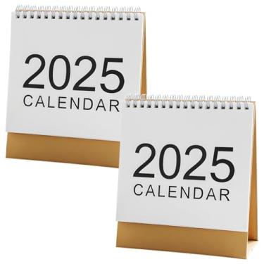 Imagem de Mini calendário de mesa 2025, encadernado com base marrom, pacote com 2, agenda mensal simples com 2025 na frente, design minimalista branco