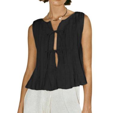 Imagem de Camiseta regata NVRENJIA Coquette plissada Peplum Linen preta para mul