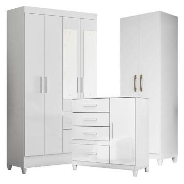 Imagem de Guarda Roupa Com Espelho Infantil Madri Com Cômoda Vênus Com Pés E Armário Multiuso New íris Branco Brilho – Moval