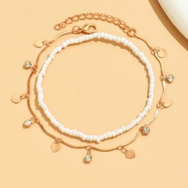 Imagem de Tornozeleira feminina com pingente de coração branco, corrente de ouro e tornozeleira de praia com contas brancas