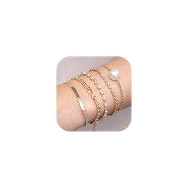 Imagem de Nojess Conjunto de pulseiras de pérolas barrocas femininas douradas com elos de corrente cubana com contas ajustáveis strass CZ pulseiras de tênis impermeáveis para festas de fim de ano, Large