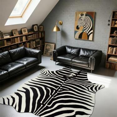 Imagem de BENRON Tapetes de zebra premium para sala de estar, quarto, tapete antiderrapante para decoração de casa, tapetes de pele animal com estampa de zebra sintética, preto e branco, marfim, 1,6 x 1,9 m