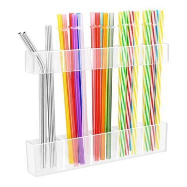 Imagem de Suporte de canudo para porta de armário, organizador de canudo grande de acrílico reutilizável de 24 cm, dispensador de armazenamento com adesivo de dupla face, suporte sob armário e parede