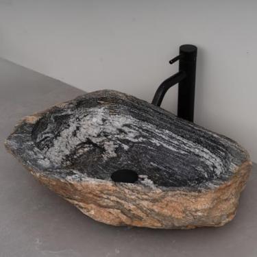 Imagem de MIDUSO Pia de embarcação de pedra irregular 100% feita à mão; pia de pedra real; pia de embarcação exclusiva; acima do balcão; pia de rocha de rio; banheiros rústicos de pias; Irre RiverStone 300
