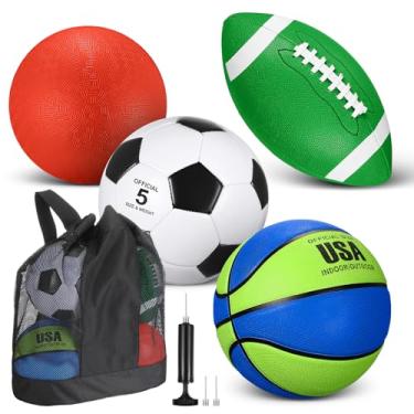 Imagem de Lenwen Conjunto de 4 bolas esportivas, inclui tamanho oficial basquete futebol playground bola bomba saco de equipamento para adolescentes adultos operação presente bola de Natal presentes (verde e