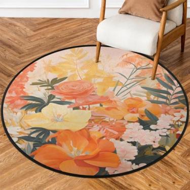 Imagem de Tapete redondo de 1,8 m flor laranja retrô macio tapete de porta circular antiderrapante lavável para quarto interno, berçário, sala de estar, cozinha, banheiro, entrada, decoração de casa