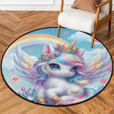 Imagem de Tapete redondo de 1,8 m lindo unicórnio colorido tapete de área circular antiderrapante lavável tapete de porta para interior quarto berçário sala de estar cozinha banheiro entrada casa tapete