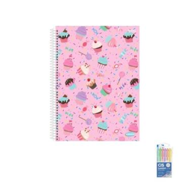 Imagem de Kit Caderno Feminino 10 Matérias Capa Dura 200 Folhas + Caneta Esferográfica 0.7mm + Marca Texto Pastel 6 Cores