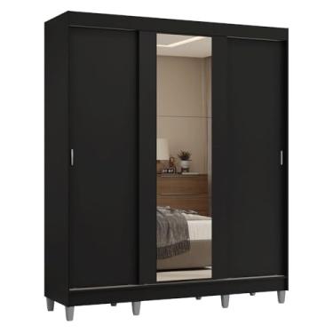 Imagem de Guarda-roupa Casal com Pés 3 Portas de Correr com Espelho Preto Reno Madesa