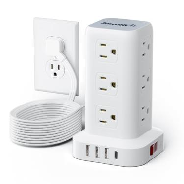 Imagem de Tira de energia protetora contra surtos com USB C SMALLRT Power Strip Tower 8 Tomadas 4 portas USB (1 Tomada USB C) Tira de energia para estação de carregamento com cabo de 1,56 m de comprimento para casa, escritório, viagens