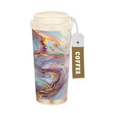 Imagem de YETTASBIN Caneca de café de mármore com isolamento térmico de 482 g com tampa canudo, copo à prova de derramamento e vazamento com alça para bebida quente e fria, garrafa de água de aço inoxidável