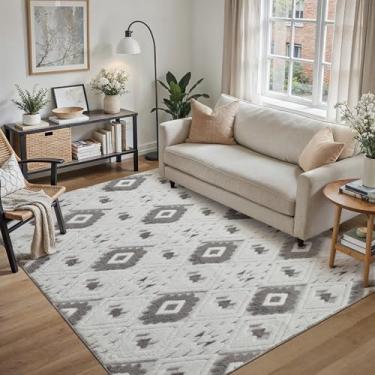 Imagem de WondRg Tapete felpudo lavável cinza e marfim 10 x 15 cm para sala de estar, xadrez, neutro, macio, antiderrapante, durável, geométrico, boho, decoração de quarto, sala de jantar, entrada, sofá