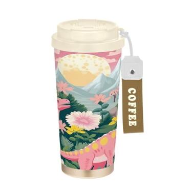 Imagem de YETTASBIN Caneca de café de viagem com isolamento térmico de dinossauro de 500 ml com canudo, copo à prova de vazamento e vazamento com alça para bebida quente e fria, garrafa de água de aço