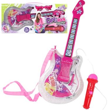 Imagem de Guitarra Com Microfone Girls Rock Instrumento Brinquedo Musical Infantil Menina Violão Crianças Rosa Kizumba