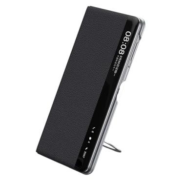 Imagem de POYUFRG Capa magnética para Huawei Mate X7, capa flip de janela de visualização inteligente de couro legítimo de luxo fina com anel de metal, preta, Mate X7